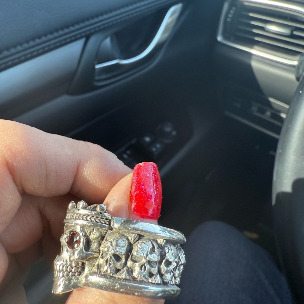 Men's Silver Skull Ring with Red Gemstone